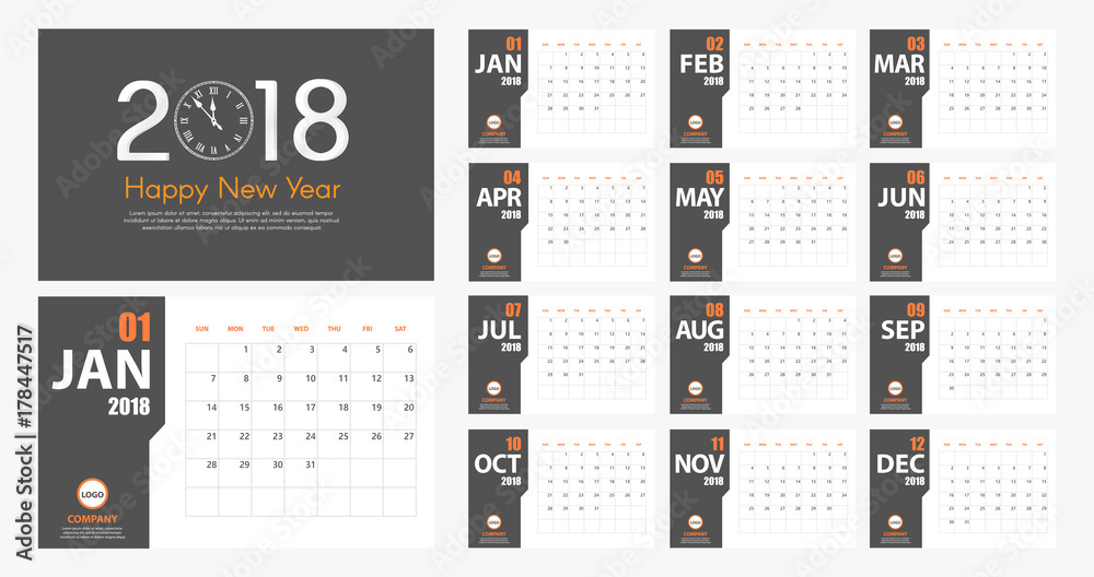 2018 New Year calendar simple modern style. Grey and orange. Event planner. All size. Vector