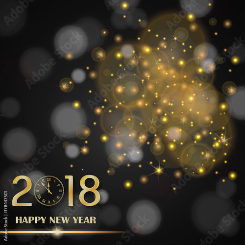 Golden lights abstract on black ambient blurred background. New Year 2018 concept. Luxury design. Vector illustration © boxerx