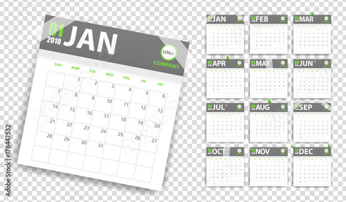2018 calendar in paper stickers with pins and scotch style. Green and grey. Event planner. All size. Vector illustration
