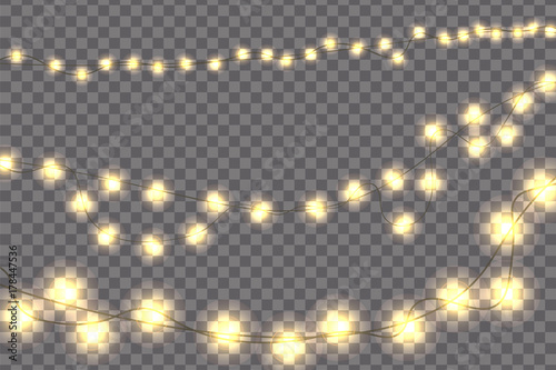 Yellow realistic Christmas lights decorations set isolated on transparent background. For greeting cards. Vector illustration