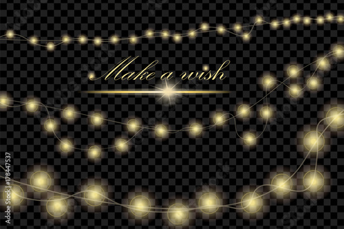 Golden realistic Christmas lights decorations set isolated on transparent background. For greeting cards. Vector illustration