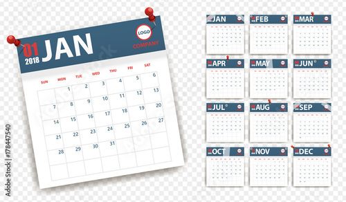 2018 calendar in paper stickers with pins and scotch style. Blue and red. Event planner. All size. Vector illustration