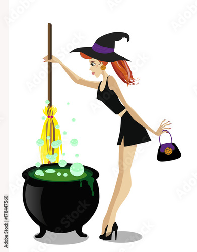 Cute young witch with cauldron and broomstick isolated on white background.