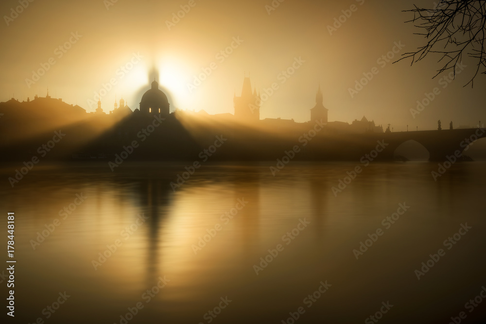 Sunrise view. Detail of church at Krizovnicke square. Sunlight over historical building, Prague, Czech republic