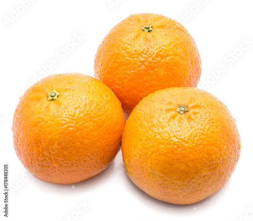 Three whole orange Clementines with water drops isolated on white background