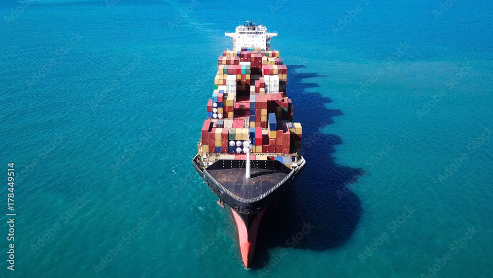 Ultra large container vessel (ULCV) at sea - Aerial image - obrazy, fototapety, plakaty 
