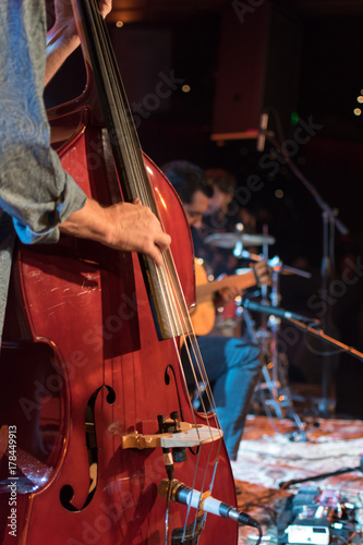 Acoustic trio band performing on a stage in a nightclub, with the double bass player in focus