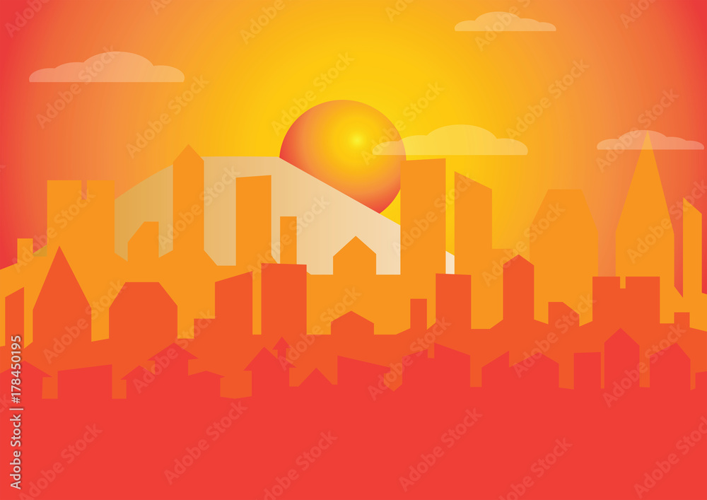 Silhouette of the city at sunset, illustration.