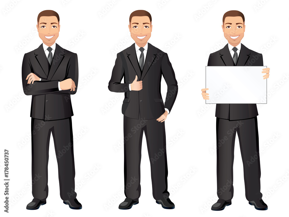 Business man in black suit in different poses. Confident handsome man, full length, dress code. Flat design, vector cartoon illustration Business man in black suit in different poses. Confident handsome man, full length, dress code. Flat design, vector cartoon illustration