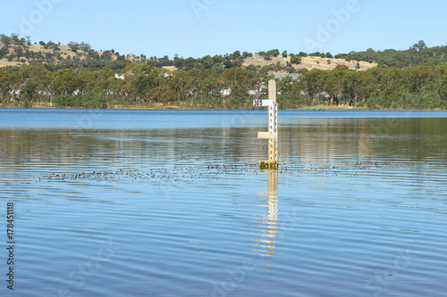 A staff gauge constantly measures the water level of this lake in Australia