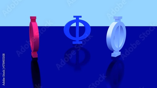 Kameraflug um drei stehende griechische Großbuchstaben PHI, die auf einer glänzenden, dunkelblauen Fläche stehen
