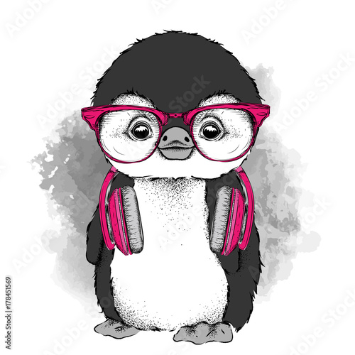 The poster with the image penguin portrait with headphones. Vector illustration.