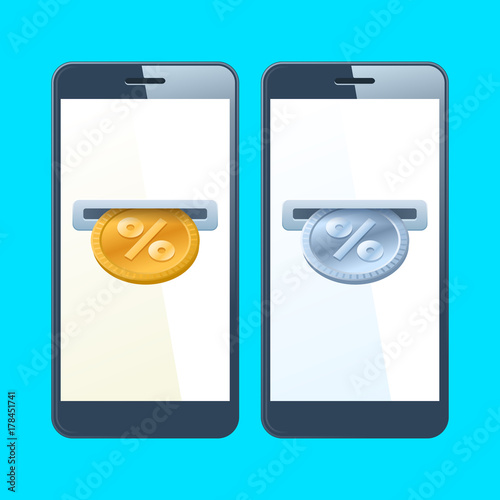 Two mobile phones with coin slotes and gold and silver percent coins are inserting at the screen. Money, discount, cashback, percentage, donation, business concept. Vector flat illustration.