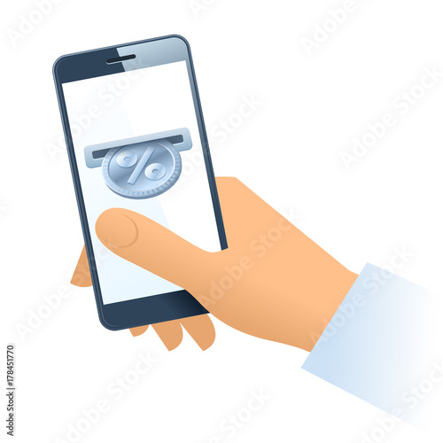 A human hand is holding a mobile phone. A coin slot with silver percent coin is inserting at the screen. Money, discount, cashback, percentage, donation, business concept. Vector flat illustration.