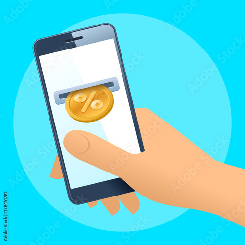 A human hand is holding a mobile phone. A coin slot with gold percent coin is inserting at the screen. Money, discount, cashback, percentage, donation, business concept. Vector flat illustration.
