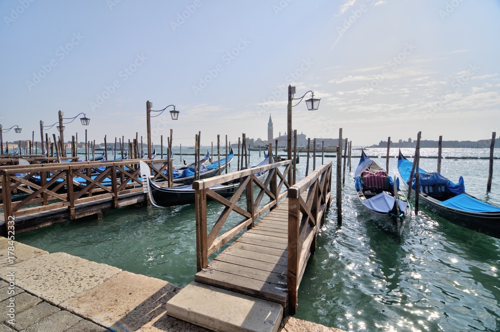 Gondolas moored in Venice, Italy.