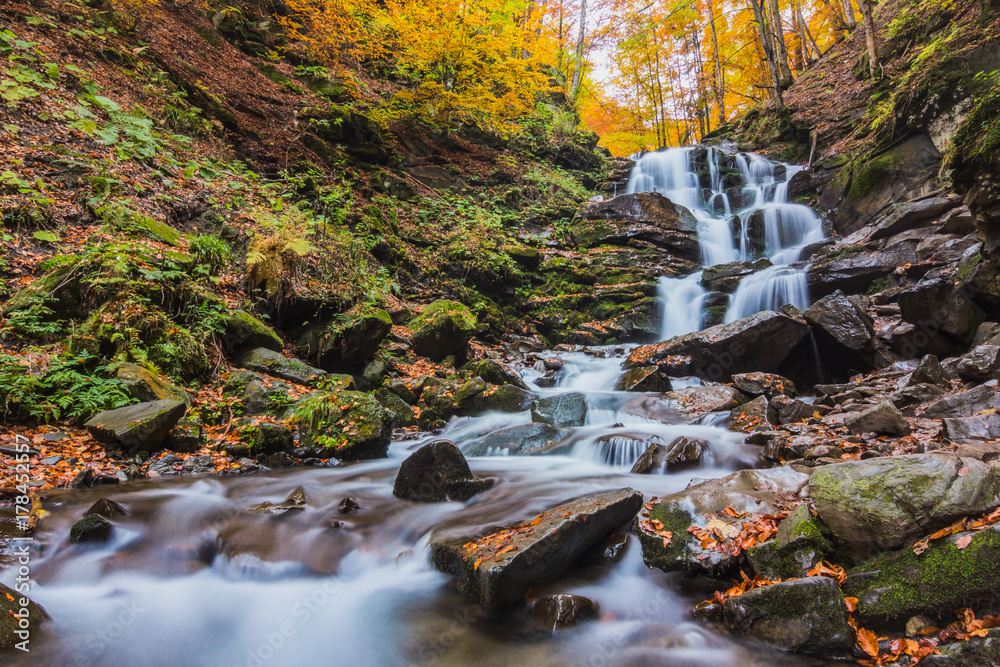 Autumn waterfall in forest landscape Autumn waterfall in forest landscape