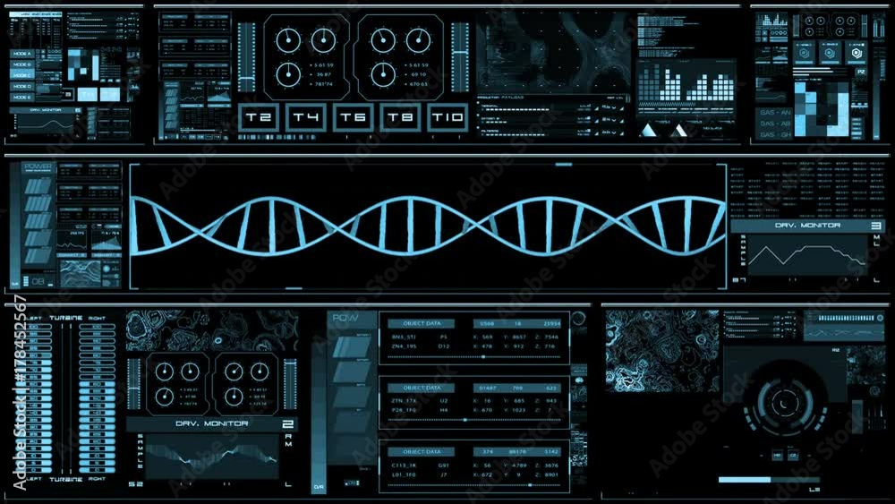 Light blue futuristic interface/Digital screen/Detailed abstract background. Blinking and switching indicators of command center computer,processing data, AI.