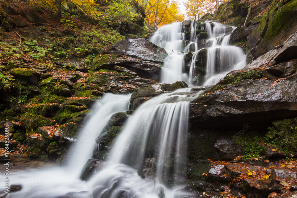 Autumn waterfall in forest landscape