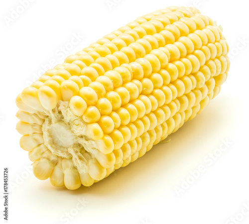 One half of broken open sweet corn isolated on white background