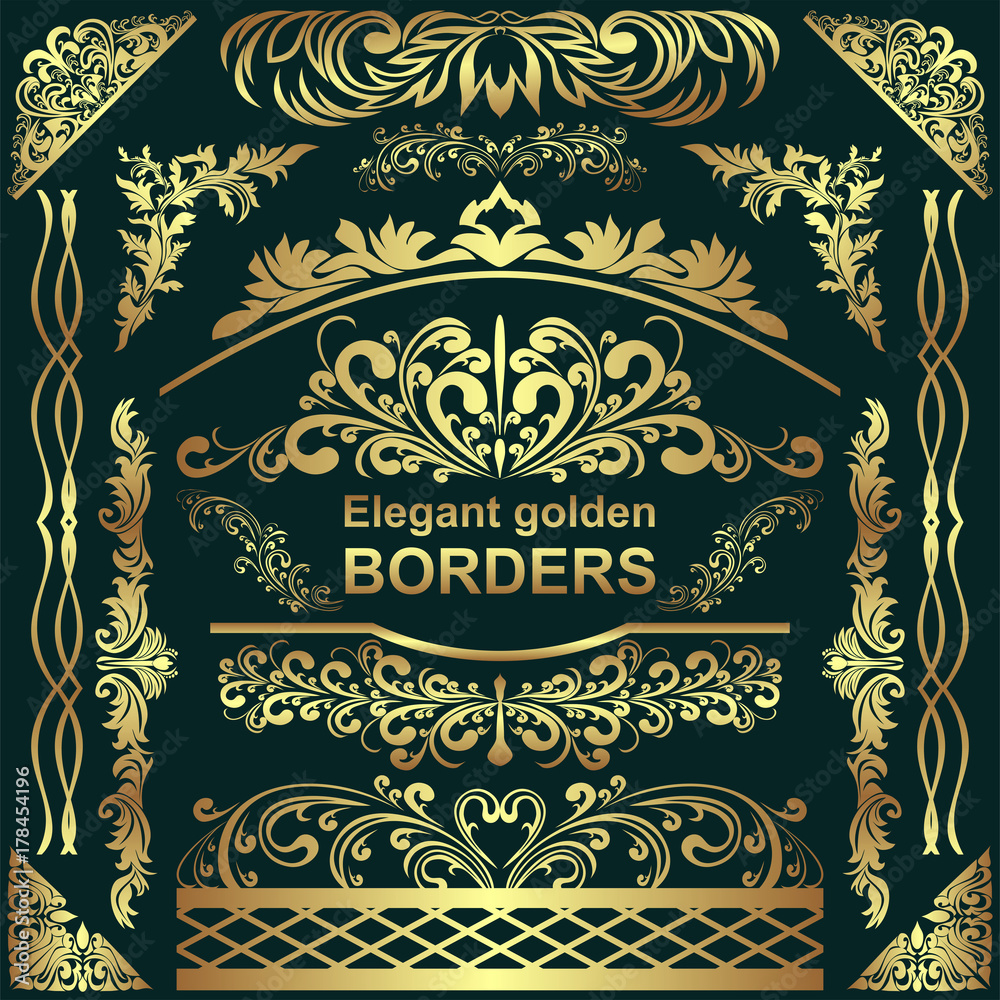 Golden elegant Borders, design Elements - big Set for your Design.