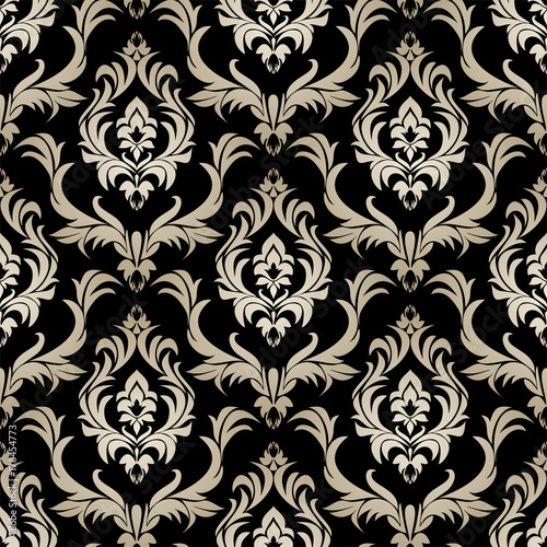 Seamless retro damask Wallpaper - silver floral Ornament on black.