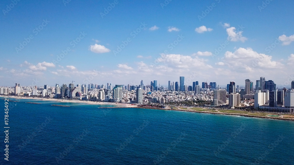 Tel Aviv coastline and skyline as seen from The Mediterranean sea.