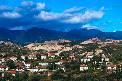 Europe, Bulgaria, Melnik city. Small vinery village in traditional style..Bulgarian Balkans mountain landscape, sandstones countryside.