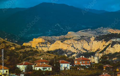 Europe, Bulgaria, Melnik city. Small vinery village in traditional style..Bulgarian Balkans mountain landscape, sandstones countryside. © Alice Fox