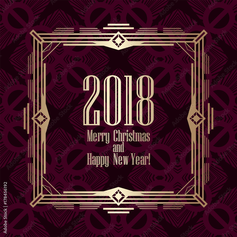 2018 New Year greeting card in art deco golden style. Template for design. Vector illustration eps10 - obrazy, fototapety, plakaty 