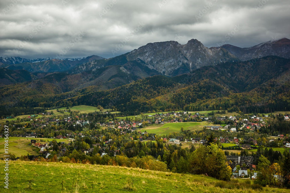 Panorama of Tatra mountains and Zakopane city from Koscielisko, Poland