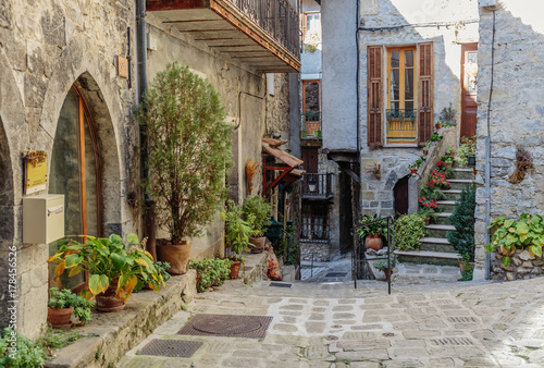 Narrow cobbled streets with flowers in the old village Lyuseram  France