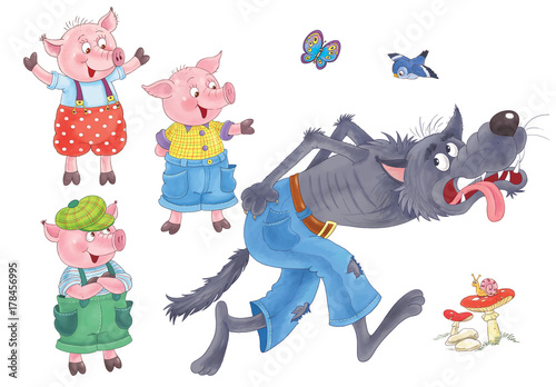 Three little pigs. Fairy tale. Cute pigs and a hungry wolf. Coloring page. Illustration for children. Funny cartoon characters