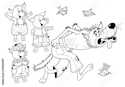 Three little pigs. Fairy tale. Cute pigs and a hungry wolf. Coloring page. Illustration for children. Funny cartoon characters