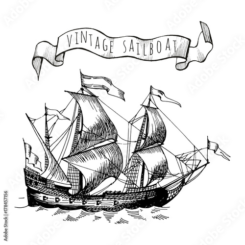 Old caravel, vintage sailboat. Hand drawn sketch.