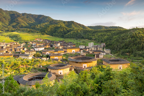 aerial view of Chuxi Tulou cluster in fujian, china photo