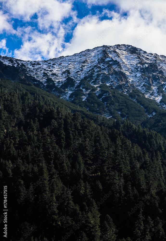 Obraz premium Photo depicting a beautiful moody frosty landscape. European alpine mountains with snow peaks on a blue sky background.