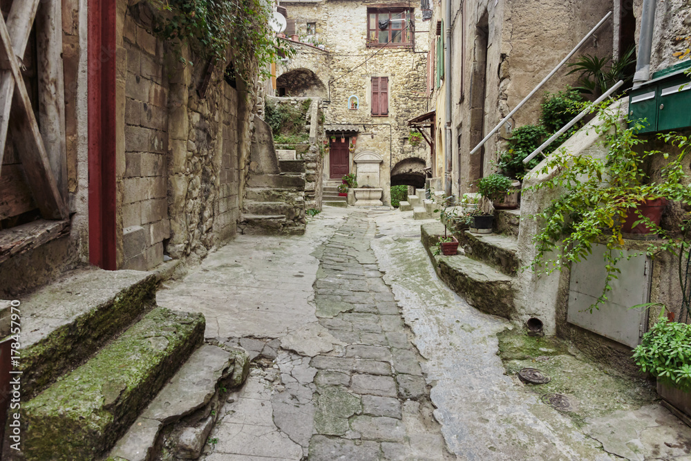 Narrow cobbled streets in the old village Luseram, France