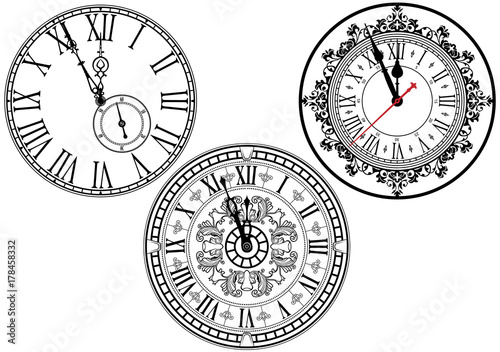 Clock Faces with Ornamental Decoration - Black and White Design Elements, Vector Illustration photo