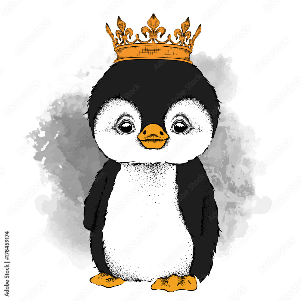 Hand draw Image Portrait of penguin in the crown. Use for print