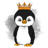 Hand draw Image Portrait of  penguin in the crown. Use for print, posters, t-shirts. Hand draw vector illustration