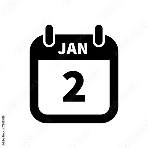 Simple black calendar icon with 2 january date isolated on white