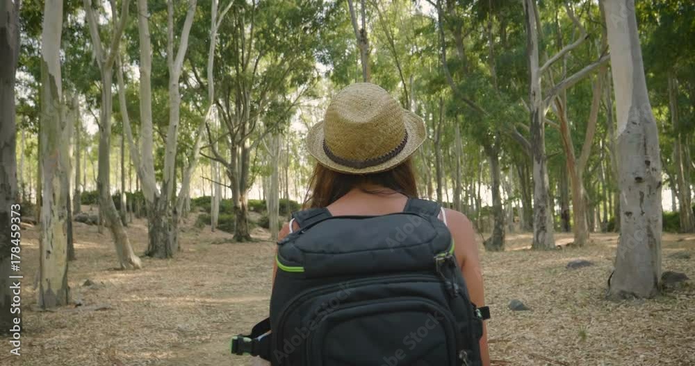 On a sunny day, a portrait of a beautiful young tourist (girl), with a backpack, in a straw hat, walks through the forest, the background of trees. Concept: recreation, beautiful view, sports, travel. On a sunny day, a portrait of a beautiful young tourist (girl), with a backpack, in a straw hat, walks through the forest, the background of trees. Concept: recreation, beautiful view, sports, travel.