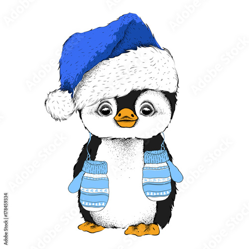 Penguin in Santa Claus hat and with the gloves. Vector illustration