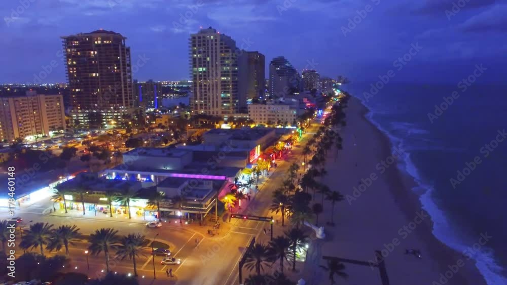 Fort Lauderdale Beach at night, aerial view.