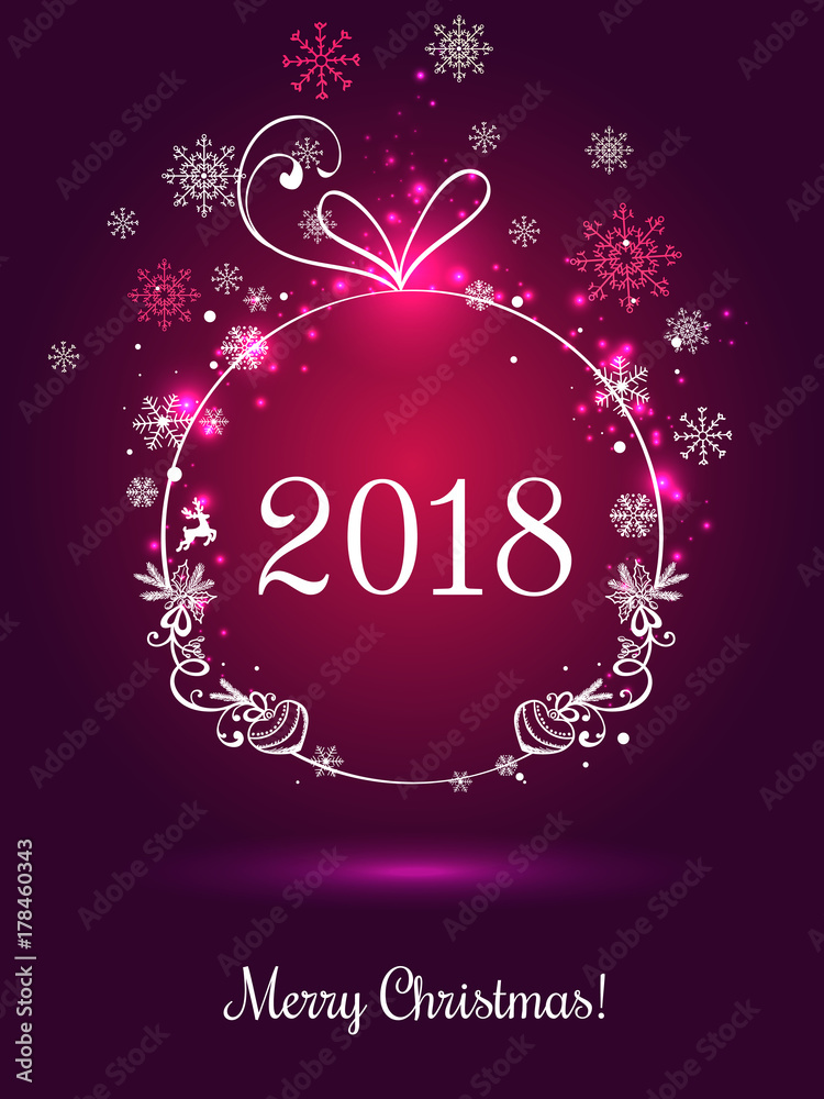 Shiny Christmas ball for Merry Christmas 2018 and New Year on red background with light, stars, snowflakes. Holiday card. Vector eps illustration