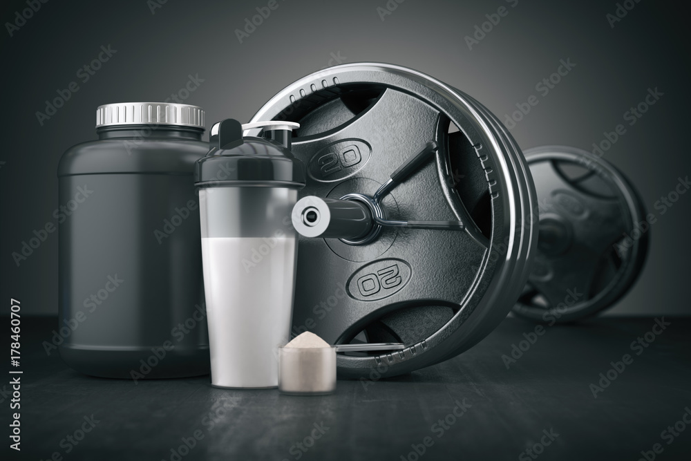 Barbell and whey protein shaker. Sports bodybuilding supplements or
