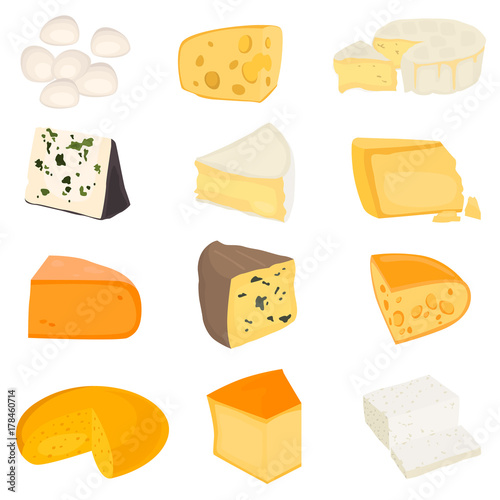 The most popular cheeses color flat icons set