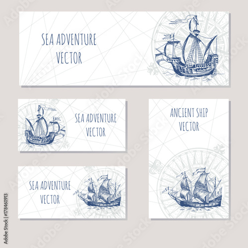 Old caravel, vintage sailboat. Sea adventure vector background. Doodles design elements business cards, banners.