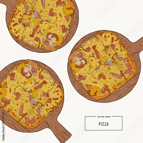 Pizza on the wooden board hand draw sketch vector.